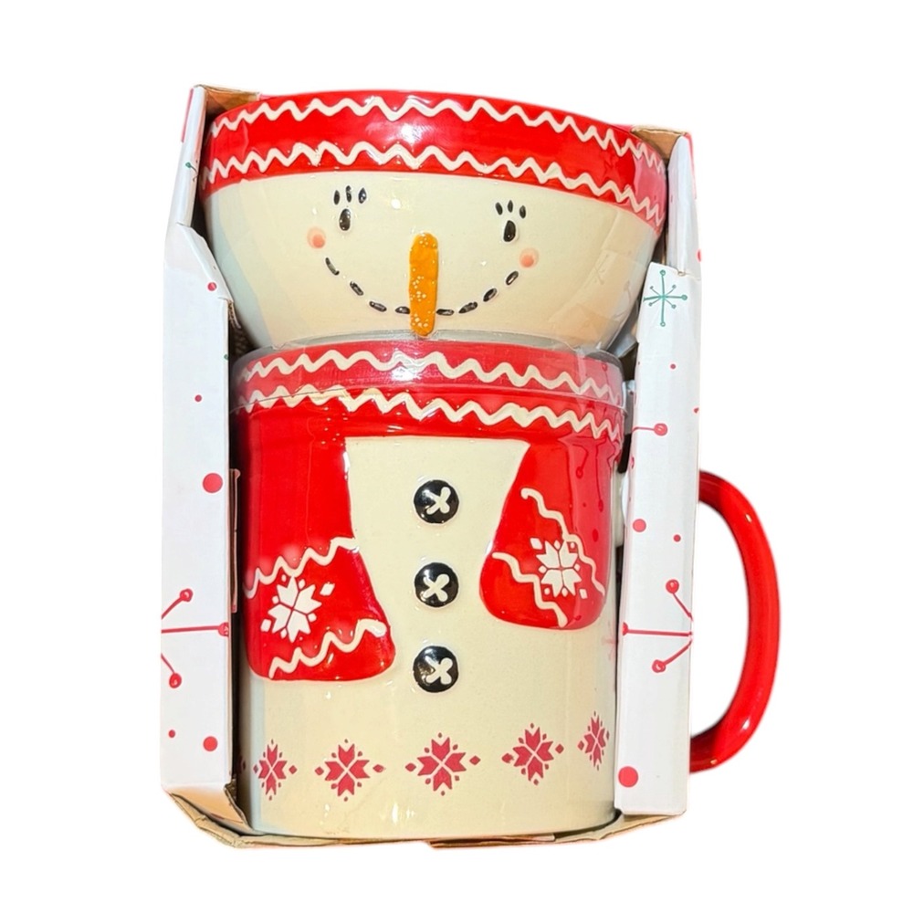 Home Essentials Snowman Ceramic Mug and Bowl Set Red White Winter Holiday 2pc